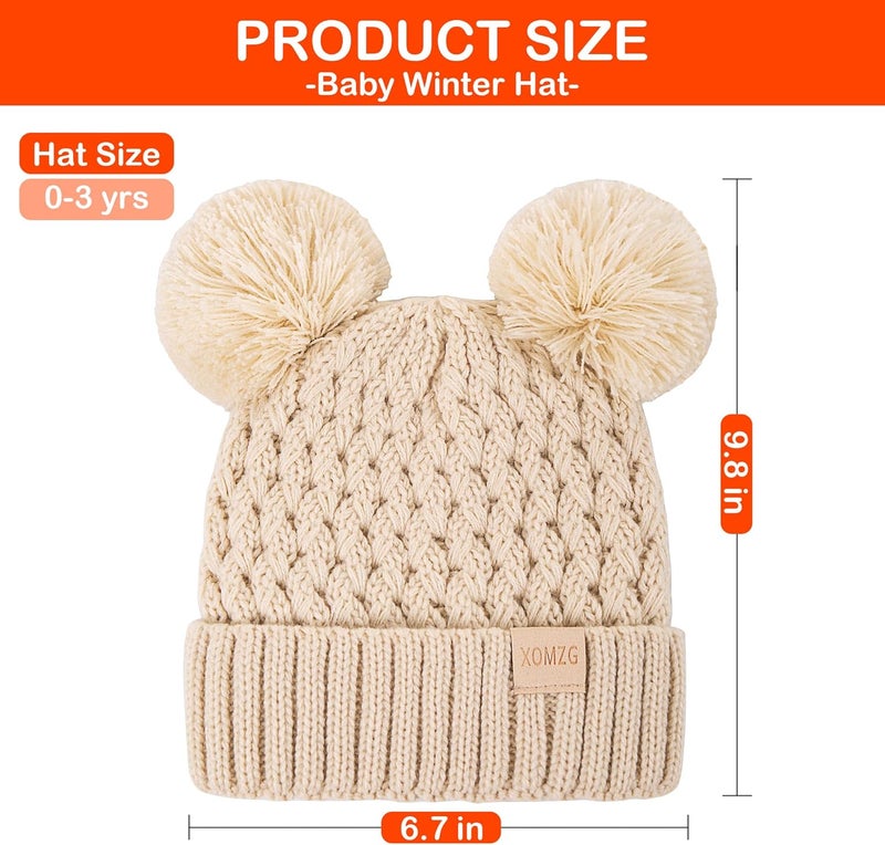 TYOMZG Toddler Winter Beanie Hat, Infant Winter Warm Knit Fleece Lined Cap for Girls Boys with Pom Pom for 0-36 Months 2 Packs - Image 2
